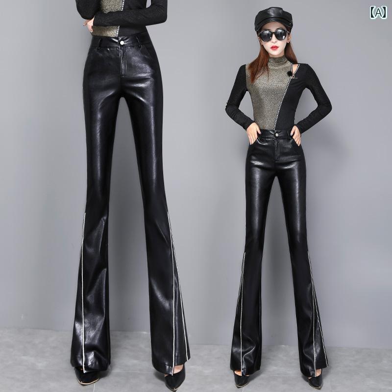 フレア パンツ 丈 長め レディース 秋冬 PU ハイウエスト べルボトム 厚手 ロング ワイドレッグ ブーツカット 大きめサイズ スリム シンプル 黒 エレガント スタイリッシュ