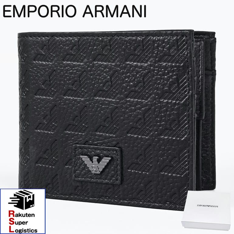 マラソン限定3つエントリーで21倍確定●最強配送 エンポリオ アルマーニ EMPORIO ARMANI 二つ折り財布 小銭入れ付き イーグルロゴ メンズ ブラック EM001741 AF14774 UC001 ウォレット レザー 【RSL】｜Alevel Express