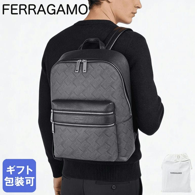 4/10 1:59まで 最大20倍 エントリー＆買いまわり★フェラガモ Salvatore Ferragamo サルヴァトーレフェラガモ バッグ リュック バックパック ガンチーニ モノグラム メンズ ブラック 241366 779699