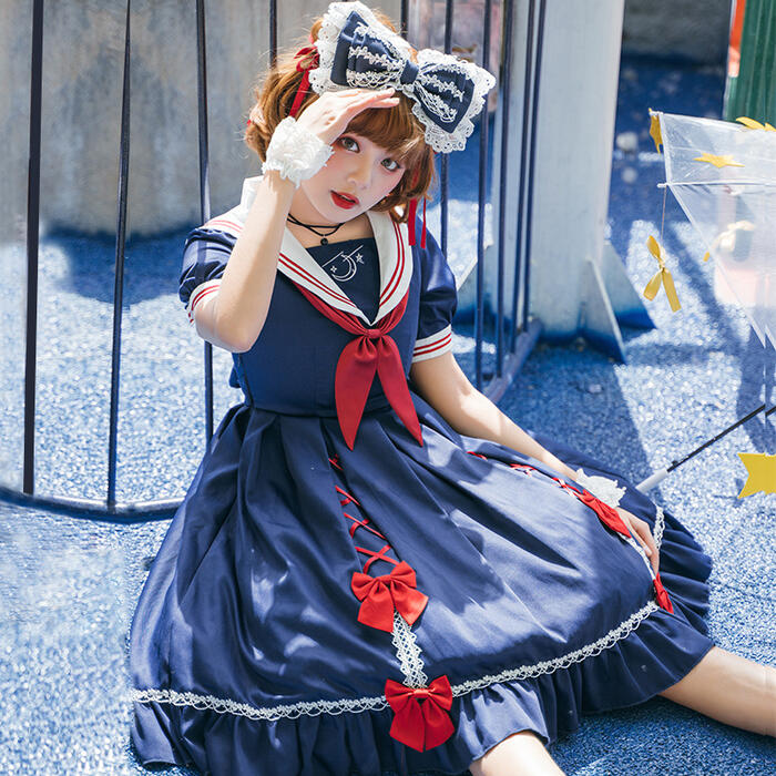 ロリータ ワンピース セーラー服 半袖 ロリィタ かわいい 女子高生 制服 学生風 コスチューム コスプレ 夏服 普段着 レディース 刺繍 日常 ガーリー 可愛い フェミニン レース レースアップ Lolita デイリーユース ベーシックアイテム ワンポイント 刺しゅう 星 月 スター