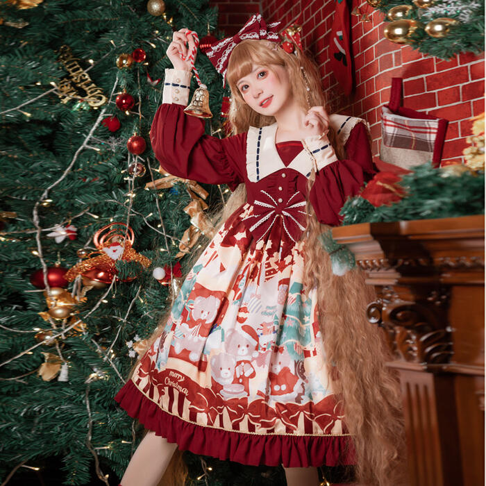 ロリータ Lolita スイート ロリィタ ハイウエスト 小熊 クリスマス ワンピース プリント Op 甘ロリ かわいい ゴスロリ 秋冬 長袖 レディース