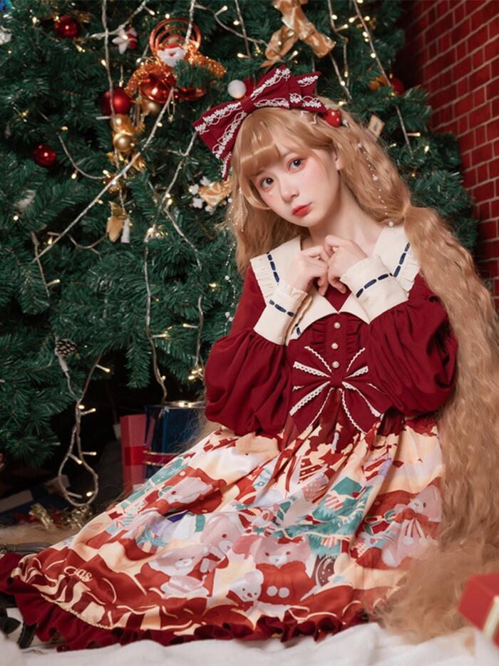 ロリータ Lolita スイート ロリィタ ハイウエスト 小熊 クリスマス ワンピース プリント Op 甘ロリ かわいい ゴスロリ 秋冬 長袖 レディース