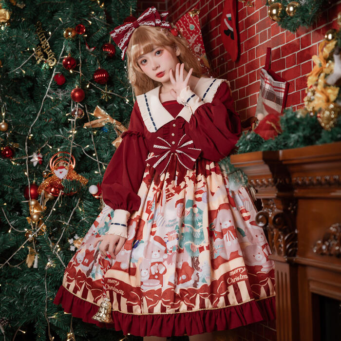 ロリータ Lolita ロリィタ ワンピース クリスマス 秋冬 甘ロリ スイート ゴスロリ かわいい ハイウエスト 長袖 OP 小熊 プリント レディース ふんわり ドレス スカート パフスリーブ 可愛い 豪華 ゴシック エレガント ゆめかわいい ワインレッド パーティー デート リボン