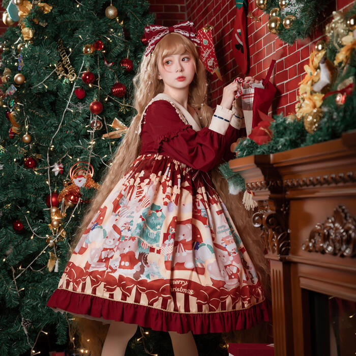 ロリータ Lolita スイート ロリィタ ハイウエスト 小熊 クリスマス ワンピース プリント Op 甘ロリ かわいい ゴスロリ 秋冬 長袖 レディース