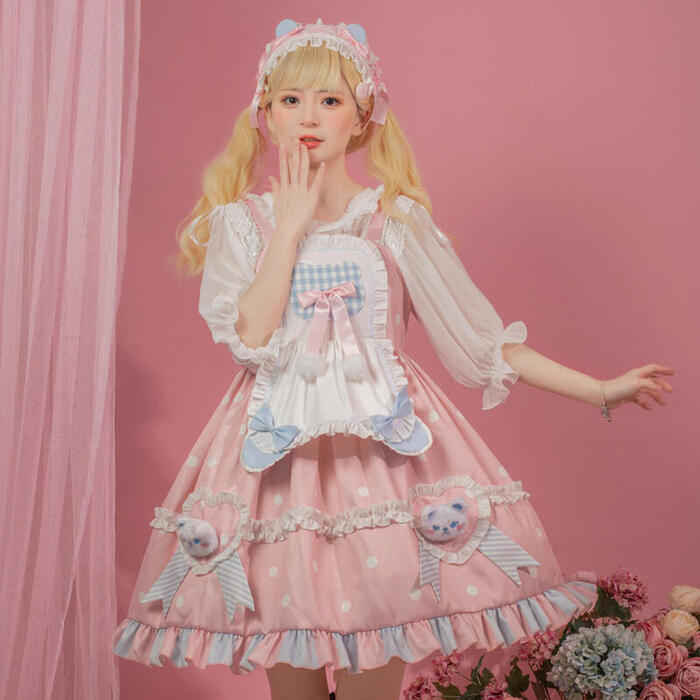ロリータ メイド服 ワンピース エプロン付 ジャンパースカート ショート丈 メイド お姫様 ロリータドレス 姫 クマ ぬいぐるみ コスチューム コスプレ ハロウィン レディース 女性 大人 可愛い 学園祭 ウェイトレス  ピンク フリル裾 リボン エプロンドレス