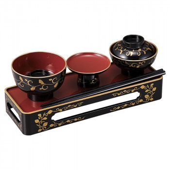 略式仏膳 黒(内朱・フチ金)蒔絵総唐草 6.5寸