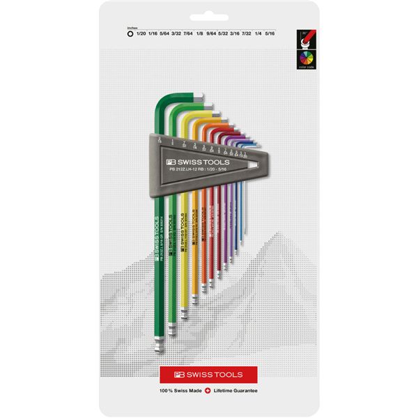 PB SWISS TOOLS ピービースイスツールズ 12本組 レインボーシリーズ インチサイズ ボール付ロング六角棒レンチセット パッケージ仕様 212Z.LH-12RBCN｜aline