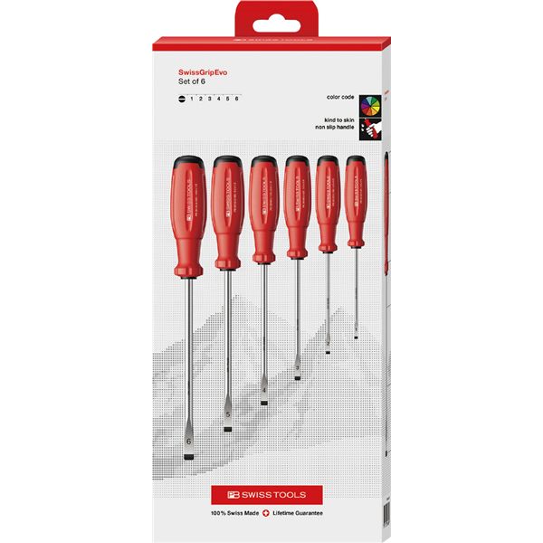 PB SWISS TOOLS ピービースイスツールズ 6本組 スイスグリップEVO マイナスドライバーセット(BOX) 38240.CBB 工具 ツール DIY｜aline