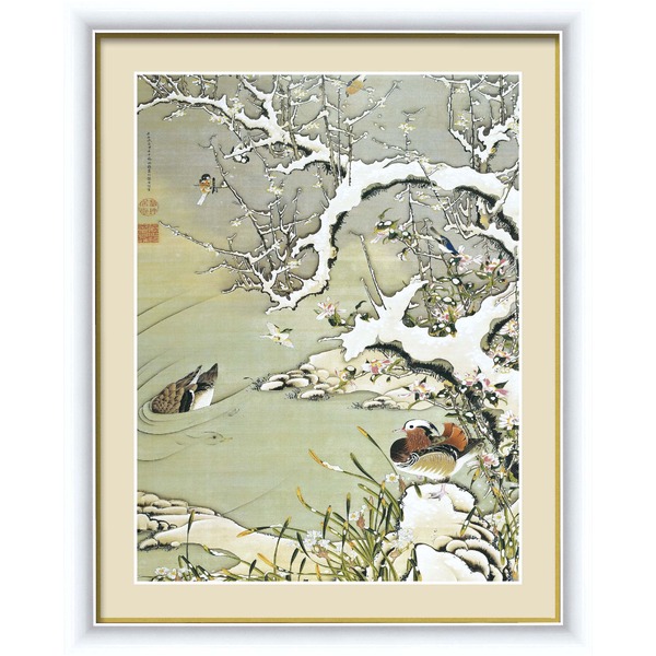 伊藤若冲 額装品 白 〔 F6号 雪中遊禽図 〕 若冲 鳳凰 旭日 動植綵絵額 群鶏 白鳳 鶏