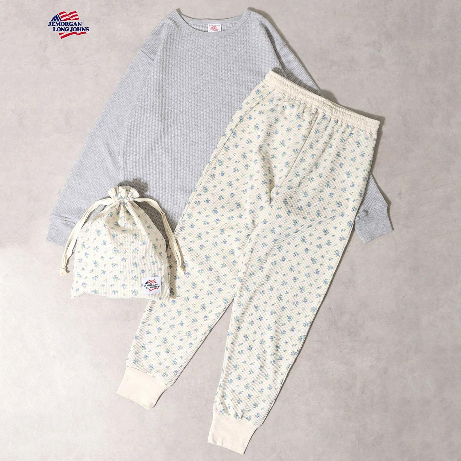 【JEMORGAN LONG JOHNS】 花柄ワッフルルームウェア3点セット 上グレー・下ブルー