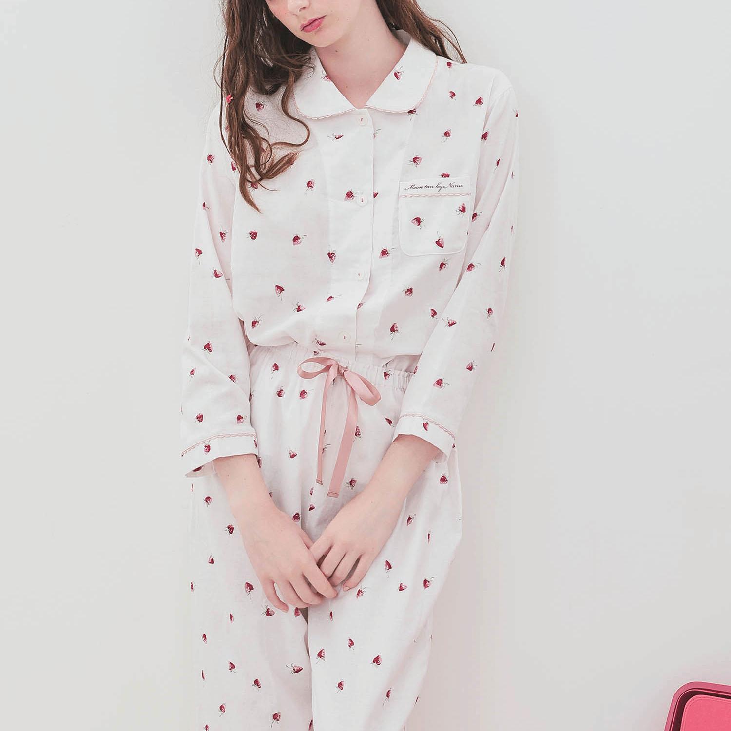 Narue コットンダブルガーゼいちごシャツパジャマ ピンク M~L