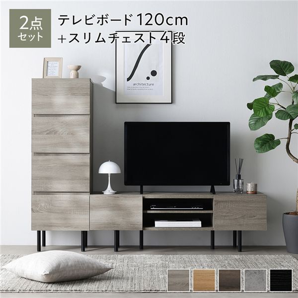 広々とした テレビ受像機ゲーム盤 ＋ 用だんす 2点仕掛ける テレビ受像機ゲーム盤幅120糎 ＋ スリムチェスト4段 グレージュ アジャスター付 スチール写真脚 脚付 テレビ受像機台 置き目ゲーム盤 テレビ受像機仕合わせ TV台 TVゲーム盤 TV仕合わせ タンス リビング納める 納める棚 御召しもの納める たんす 御召しもの入れもの リビング