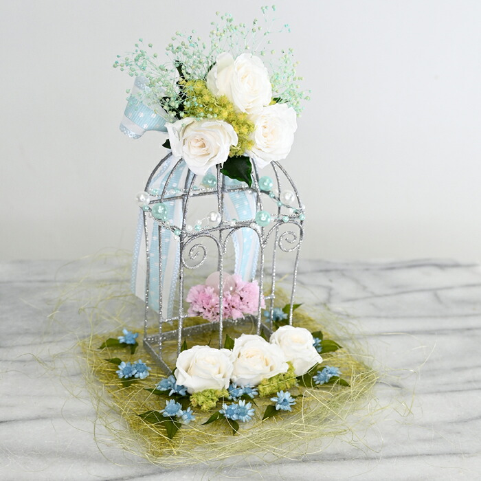 蒼風のとりかご ― 白薔薇と六つの祈り ―　プリザーブドフラワー　ドライフラワー 水晶　お祝い 　飾り　ウェディング