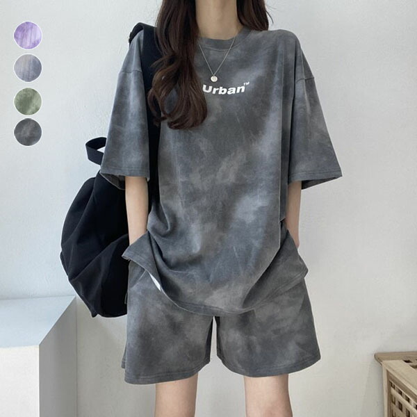 クール系 ハーフジップ タイダイ 半袖ショートパンツ 韓国 a1631 ベルシー Belle Cie Tシャツ ハーフジップ 半袖 薄手 快適 5分袖