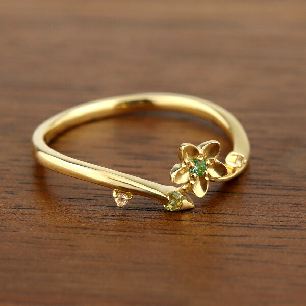 K18 エメラルド ペリドット トパーズ フラワー リング 天然石 花 ゴールド 18金 18k 指輪 可愛い かわいい レディースアクセサリー Women's Jewelry Ladies 贈り物 YG イエローゴールド ゴールドリング 細身 普段使い デイリー 植物 誕生石 5月 8月 11月 華やか 華奢 繊細｜アリゼ