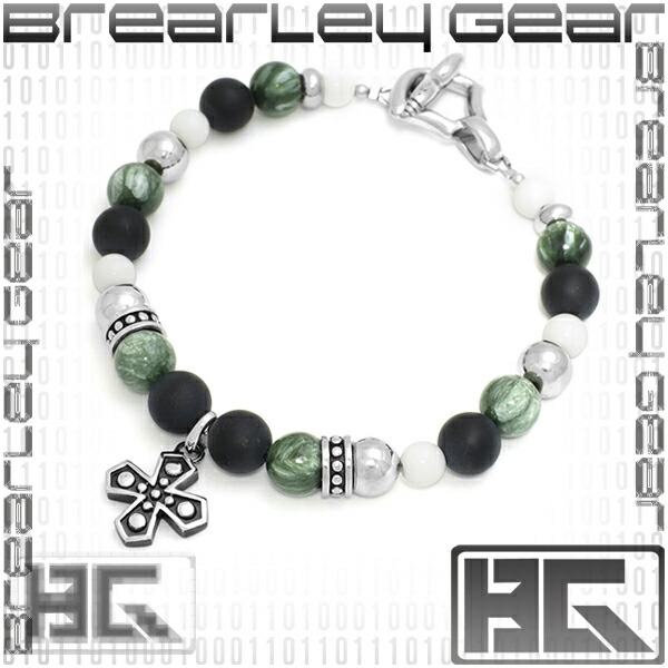 Brearley Gear クロス チャーム セラフィナイト ホワイトオニキス ツヤ消しオニキス サージカルステンレス メンズ ブレスレット 天然石 ステンレス サージカルステンレス セラフィナイト＆オニキスに ステンレスパーツが組込まれたブレスレット アクセサリー 金属アレルギー