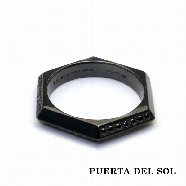PUERTA DEL SOL Hexagon ヘキサゴン エッジ 鏡面 ストーン リング(7号~23号) ブラック ユニセックス シルバーリング 人気 チタンコーティング メンズリング ブラック ブリタニアシルバー ブランド シルバーアクセサリー 指輪