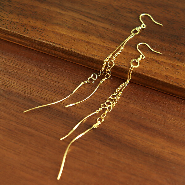 K18 ゴールド チェーン ロング ピアス 2P 両耳用 18金 18k ロングピアス ゴールドピアス 地金 フック レディースアクセサリー Women's Jewelry Ladies 贈り物 ゴールドピアス フックピアス YG イエローゴールド デイリー 二連 華やか キラキラ チェーン 長め 長い｜アリゼ