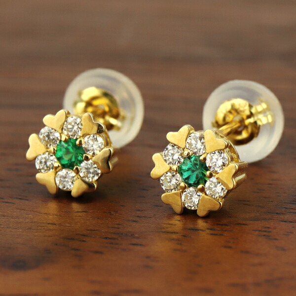 K18 エメラルド ダイヤモンド ピアス 2P 両耳用 18金 18k ゴールド ハート 誕生日 ゴールドピアス 結婚記念日 さりげない 天然石 緑 天然 スタッド イエローゴールド 記念日 シンプル YG グリーン 取り巻き 娘 大人 誕生石 シンプル