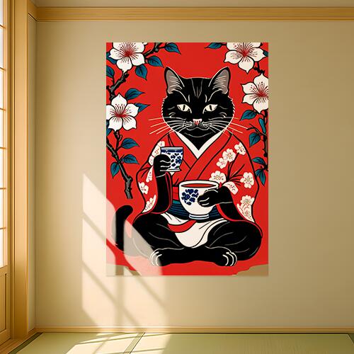 猫 着物 茶 花 日本文化 タペストリー 和モダン 和柄 浮世絵風 刺青風 昭和レトロ 壁掛け 大判 長方形 タトゥー ジャパニーズ 男気 アウトロー 壁布 赤 黒 白