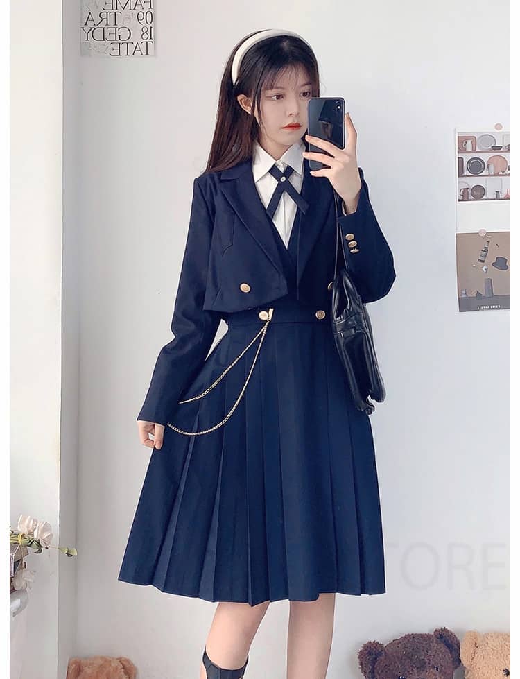 卒業式 小学校女子 ワンピース 卒服 女の子 ブレザー ワンピース 韓国風 制服 小学生 6年生 中学生 高校生 ジャケット シャツ リボンタイ ワッペン チェーン フォーマルスーツ 6点セット 子供スーツ キッズ お受験 発表会 結婚式 冠婚葬祭 140 150 160 165
