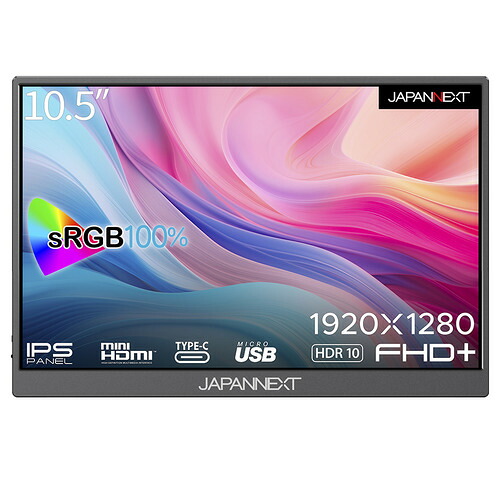 【モバイル】JAPANNEXT モバイルモニター JN-MD-IPS105FHDPR | 10.5型 | 1920x1280 | 60Hz | 420cd/m2 | 1500:1 | 光沢 | HDR | IPS(ADS)