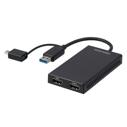 グリーンハウス GH-TCHDD-BK 映像変換アダプタ USB-C＋USB-A to HDMI x2 4K対応 Mac/Windows11対応 ブラック