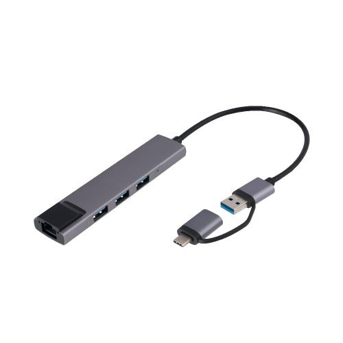 ナカバヤシ UH-C3L373GY USB Type-Aポートx3搭載ハブ Type-A&C 有線LAN変換アダプタ付き グレー