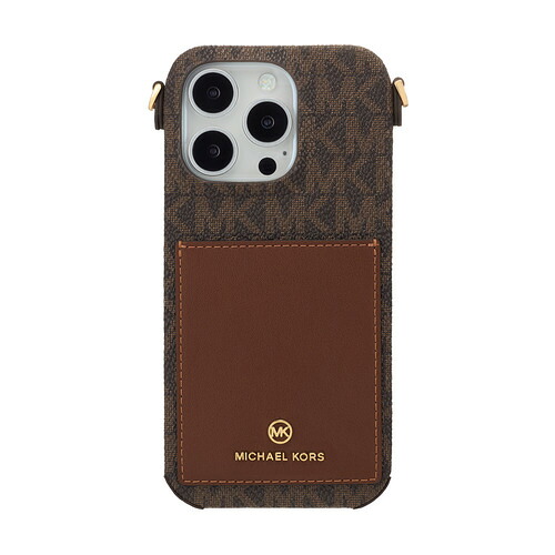 MICHAEL KORS MKWSBRWPWIP2463P Wrap Case Pocket with Strap for iPhone16 Pro Brown スマートフォン・携帯電話アクセサリー-ケース・カバー