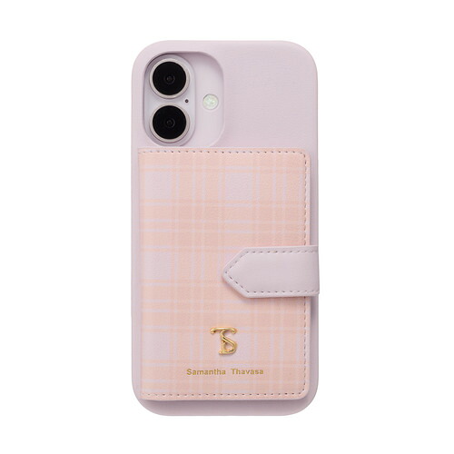 Samantha Thavasa STLPKWPCWIP2461 Wrap Case with Plaid Magsafe Card Wallet for iPhone16 Lavender Pink