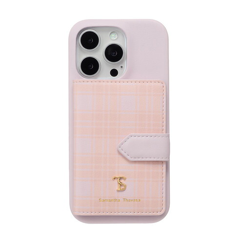 Samantha Thavasa STLPKWPCWIP2463P Wrap Case with Plaid Magsafe Card Wallet for iPhone16 Pro Lavender Pink