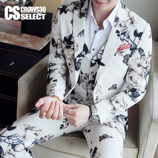 楽天市場 スーツ メンズ ホストスーツ 3p スリーピース 花柄 フラワー 送料無料 インポート 3pスーツ 3ピーススーツ スリムスーツ セットアップ 上下セット テーラードジャケット 送料無料 春 新作 V系 ヴィジュアル系 ホスト お兄系 大人 衣装 ホワイト 白 細身スーツ