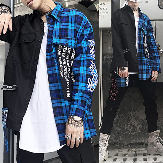 国内最安値 チェックシャツ メンズ ロング丈 バイカラー メッセージプリント ロゴ 長袖 シャツ ビックプリント インポート 秋 冬 30代 40代 個性的 お兄系 V系 ヴィジュアル系 ホストスーツ 衣装 ストリート系 モード系 韓国 ブルー ブラック 黒 日本全国送料無料 Www