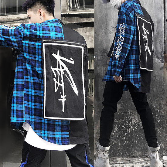 国内最安値 チェックシャツ メンズ ロング丈 バイカラー メッセージプリント ロゴ 長袖 シャツ ビックプリント インポート 秋 冬 30代 40代 個性的 お兄系 V系 ヴィジュアル系 ホストスーツ 衣装 ストリート系 モード系 韓国 ブルー ブラック 黒 日本全国送料無料 Www