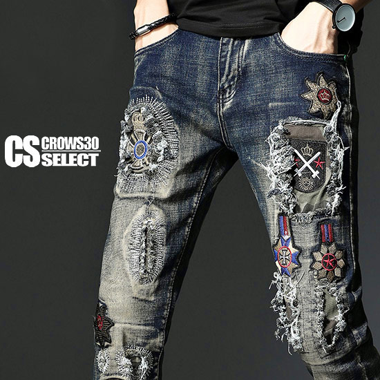正規品 デニムパンツ メンズ 刺繍 スキニーパンツ エンブレム ダメージ加工 ジーンズ スキニーデニムパンツ インポート 個性的 V系 ヴィジュアル系 お兄系 ホスト 衣装 インディゴブルー 細身 タイト スリムシルエット 美脚パンツ 秋 冬 高知インター店