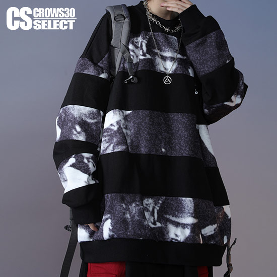 Tシャツ カットソー 流行 衣装 トップス 韓国 ビター系 グレー 黒 ブラック ファッション モード系 ヴィジュアル系 V系 個性的 インポート オーバーサイズカットソー メンズ ロンt ストリートファッション フォトプリント ボーダー メンズ ロングtシャツ 新作 冬 秋