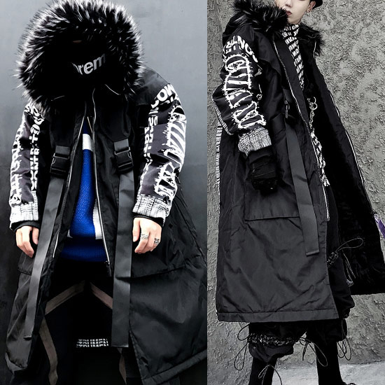 定番のお歳暮 ビックプリント ビックロゴ ロング丈 ロングコート メンズ モッズコート ファーフード 韓国ファッション 黒 ブラック 大人 衣装 ファッション ストリート系 ホスト ヴィジュアル系 V系 個性的 お兄系 新作 冬 秋 19 インポート ミリタリーコート