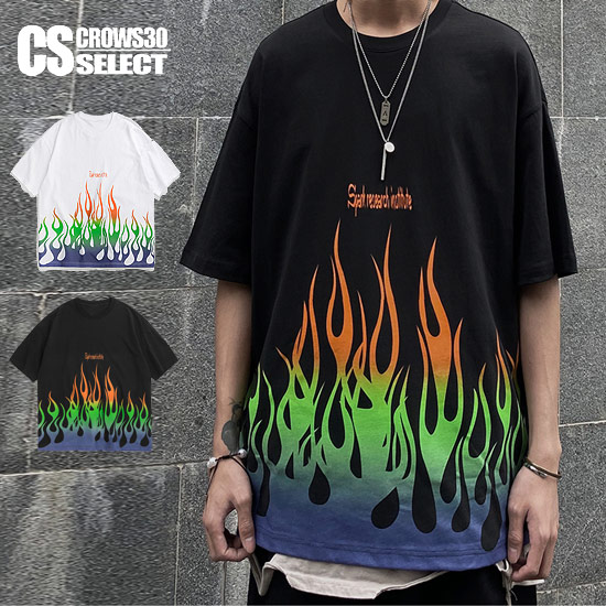 Tシャツ カットソー 一部予約 衣装 ホスト ストリート系ファッション ヴィジュアル系 お兄系 V系 個性的 新作 夏 春 大きいサイズ オーバーサイズ インポート カットソー 半袖 ロゴプリント 炎 カラフル ファイアーパターン ファイヤーパターン ストリート系