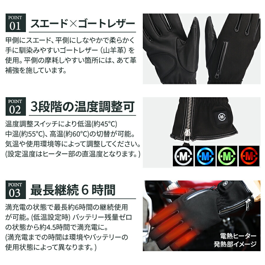 6ヵ月製品保証付き めちゃヒート 電熱ヒーター S 防寒 M 手袋 レディース リチウムイオンバッテリー駆動 防風 女性用 本革 レザーグローブ バイク 3サイズ Mhg 06 バイク用 L ヒーターグローブ