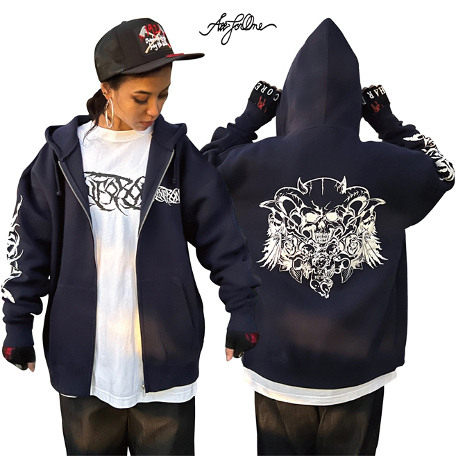 DEATH ANGEL FULL ZIP HOODIE スウェット ジップ パーカー ネイビー