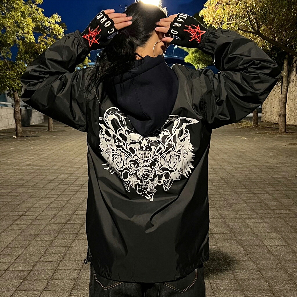 【AFO UNISEX】DEATH  ANGEL NYLON COACH JACKET /  一巻の終わり 天使 ナイロン コーチ職 上衣【BLACK】スカル どくろ 骸骨 ダンス楽隊Ｔ バンＴ バン御茶  デスエンジェル デスメタル 捉え所の無い中核グループ 骸骨 スカル ドクロ HARDCORE SKULL