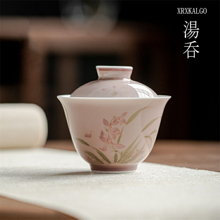 湯呑 湯のみ 140ml 湯呑み 1個 蓋付き茶碗 お茶用品 釉下彩 ゆかさい 急須 磁器 手描き ラン 優雅 普段使い リビング 来客 お祝い プレゼント 記念日 結婚祝い 新年 お茶 新築祝い 茶道 女性 母の日 ピンク