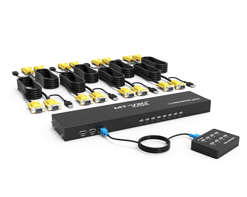 MT-VIKI KVMスイッチ 8ポート、8X1ラックマウントKVMスイッチVGA、8 2-in-1 KVMケーブル&ワイヤーデスクトップセレクター&電源アダプター、1U 19インチラックに適合