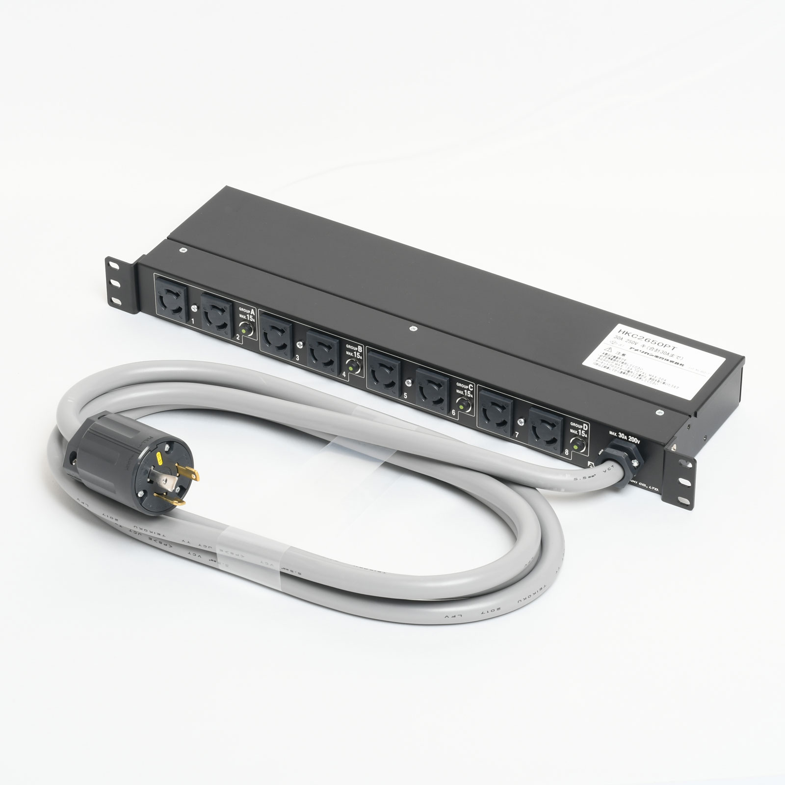 アメリカン電機 舞い降りる形2P 30A 250V (NEMA L6-30) 1U差し込み赤ちょうちん 30Aインプット NEMA L6-15×8ヶ口 HKC2650PT
