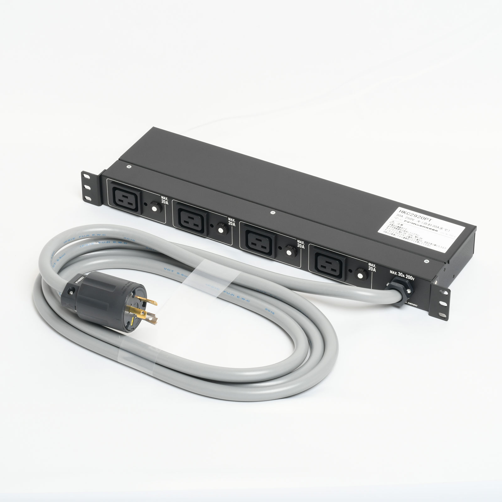 アメリカン電機　接地形2P 30A 250V (NEMA L6-30)　1Uコンセントバー 30A入力 IEC C-19×4ヶ口　HKC2920PT