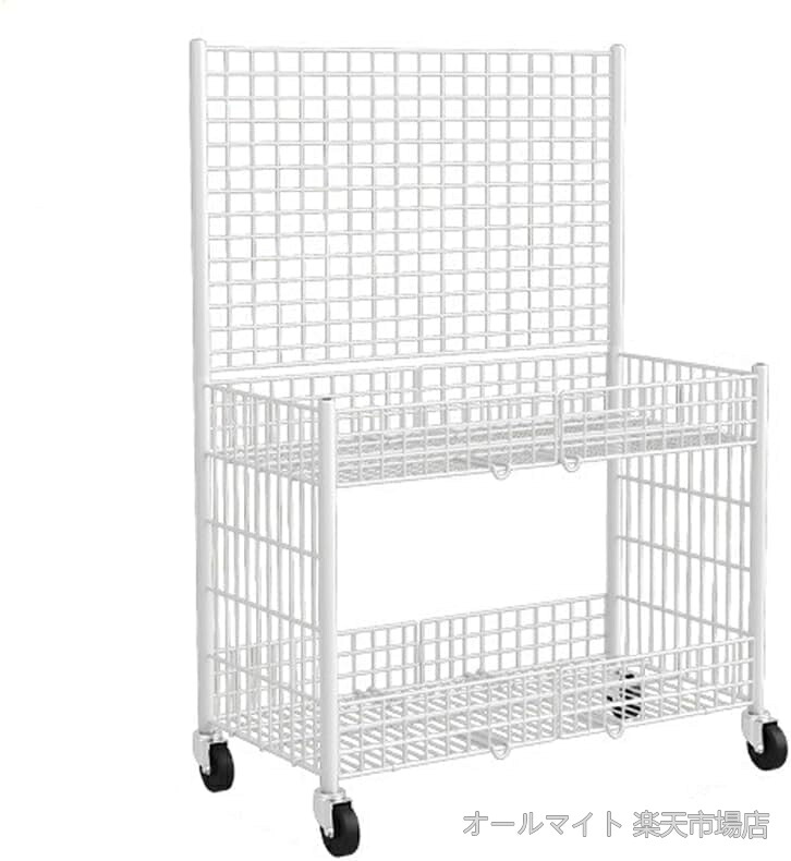 【送料無料】収納ワゴン キャスター付き メッシュラック 2段 折りたたみ式 大容量 イベント用 ディスプレイ棚 組立簡単 ホワイト｜オールマイト　店