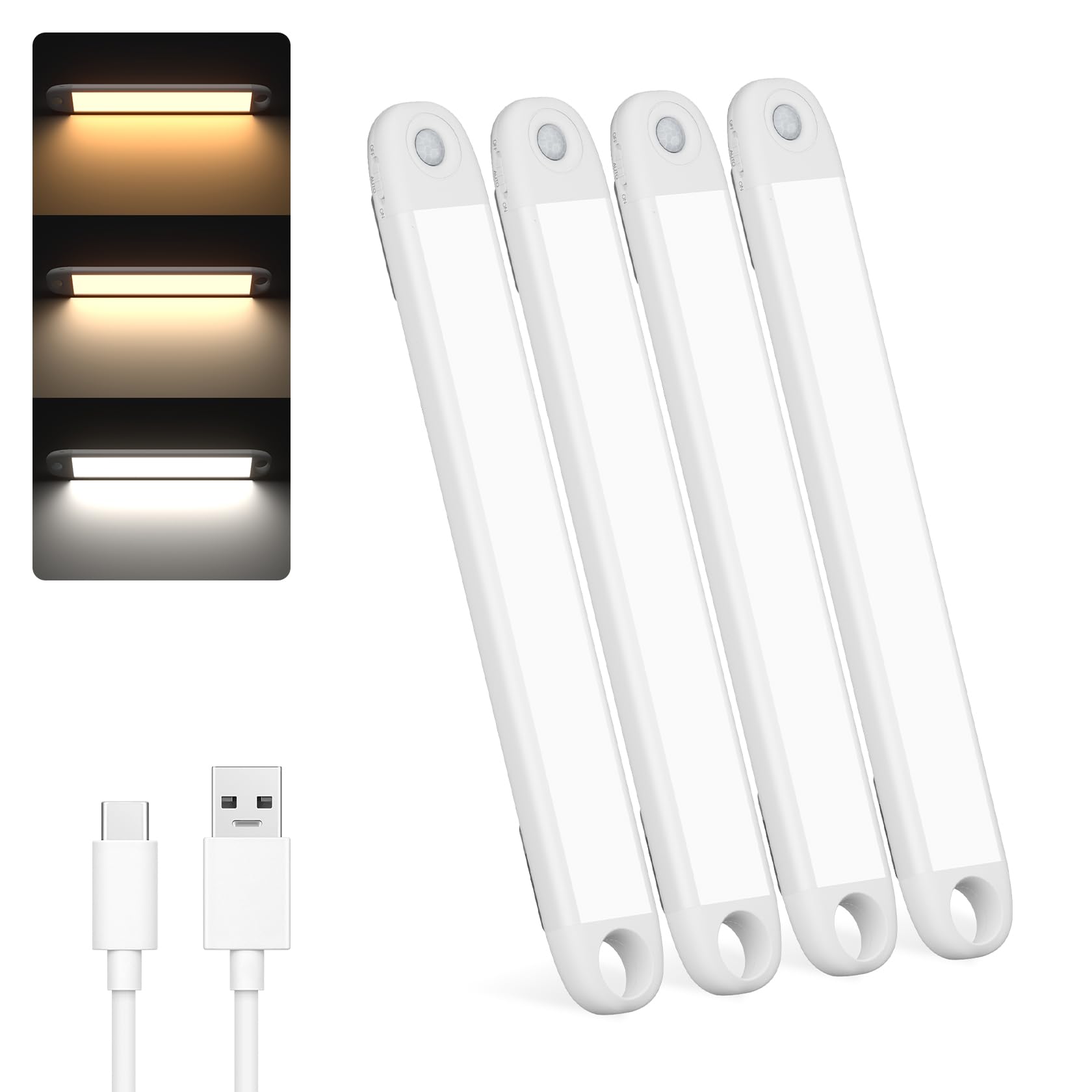 【送料無料】室内 充電式 LED バーライト 足元灯 吊り下げ式 手元灯 超薄型 30cm 3色切替 自動・手動点灯 マグネット着脱式 フットライト 配線工事不要 省エネ 長寿命 高感度 高輝度 部屋 玄関 廊下 階段 キッチン 棚、4本入｜オールマイト　店