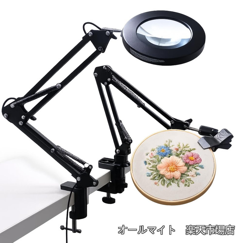 【送料無料】アイリス 刺繍スタンド LEDライト付き拡大鏡 クランプ式 刺繍枠固定 USB給電 両手作業対応 クロスステッチ 手芸 ビーズ 模型 読書補助 (ブラック)｜オールマイト　店
