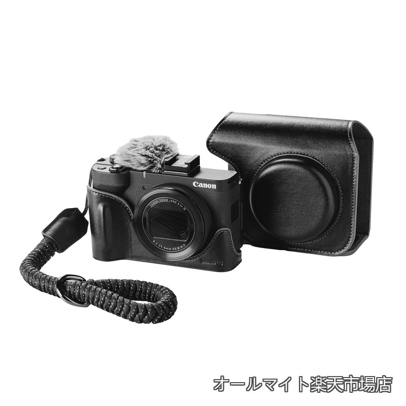 【送料無料】カメラ用レザーケージキット PowerShot V1用ハーフレザーケース フリップケースカバー リストストラップ、ファーウィンドスクリーン付属 持ち運びやすく保護力 (ブラック) 5386|オールマイト 店