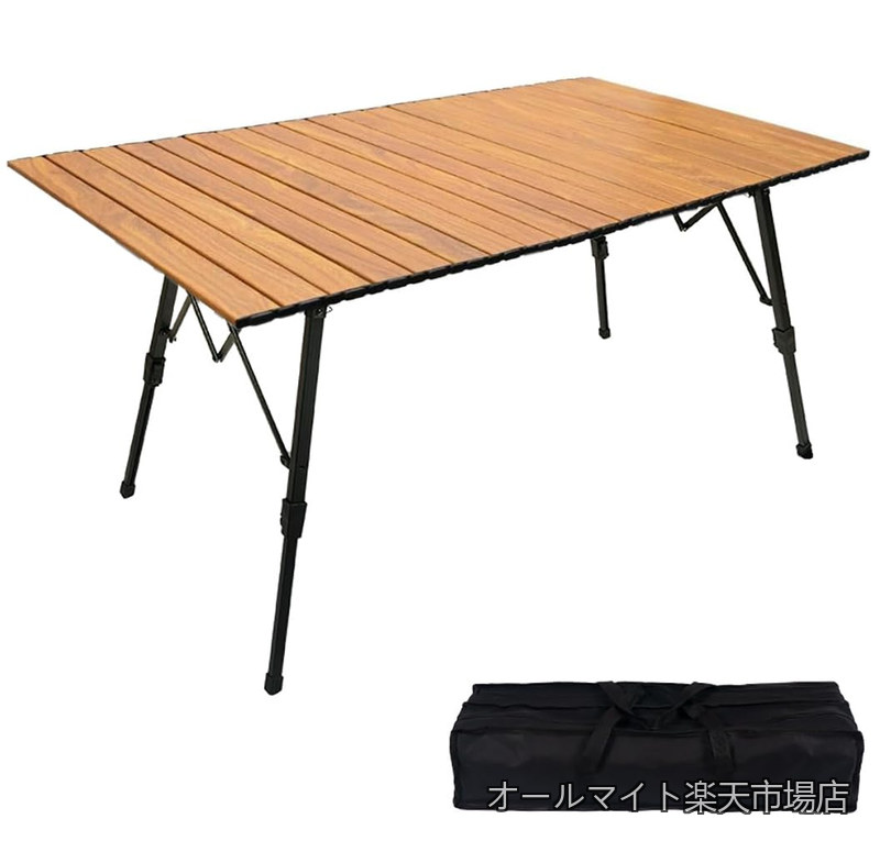 【送料無料】アウトドアテーブル キャンプテーブル 120×70 折りたたみ ロールテーブル 軽量 アルミ製 ウッド調 木目 ブラウン 耐熱 安定 コンパクト 組立簡単 収納バッグ付 (120 x 70 x 65cm)|オールマイト 店
